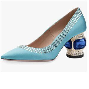 FSJ Light Blue Satin Bridal Pointed Toe Low Heel Crystal Slip on Wedding Pumps